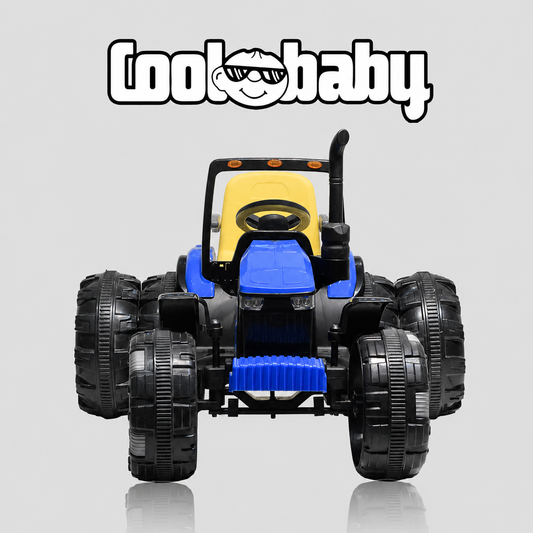 Coolbaby Kids Ride-On Bahubali Tractor with Trolley, yellow and black plastic toy tractor for children, featuring large wheels and a sturdy design.