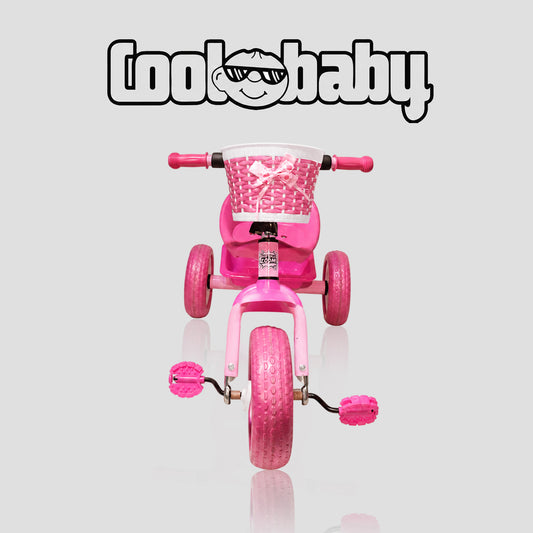 Colorful three-wheel toddler tricycle from CoolBaby.co.in with durable frame and comfortable seat, designed for young children.