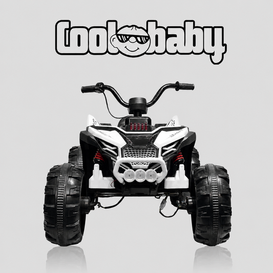 Child riding a Coolbaby ATV-909 toy bike, featuring bright colors and durable design for outdoor play.
