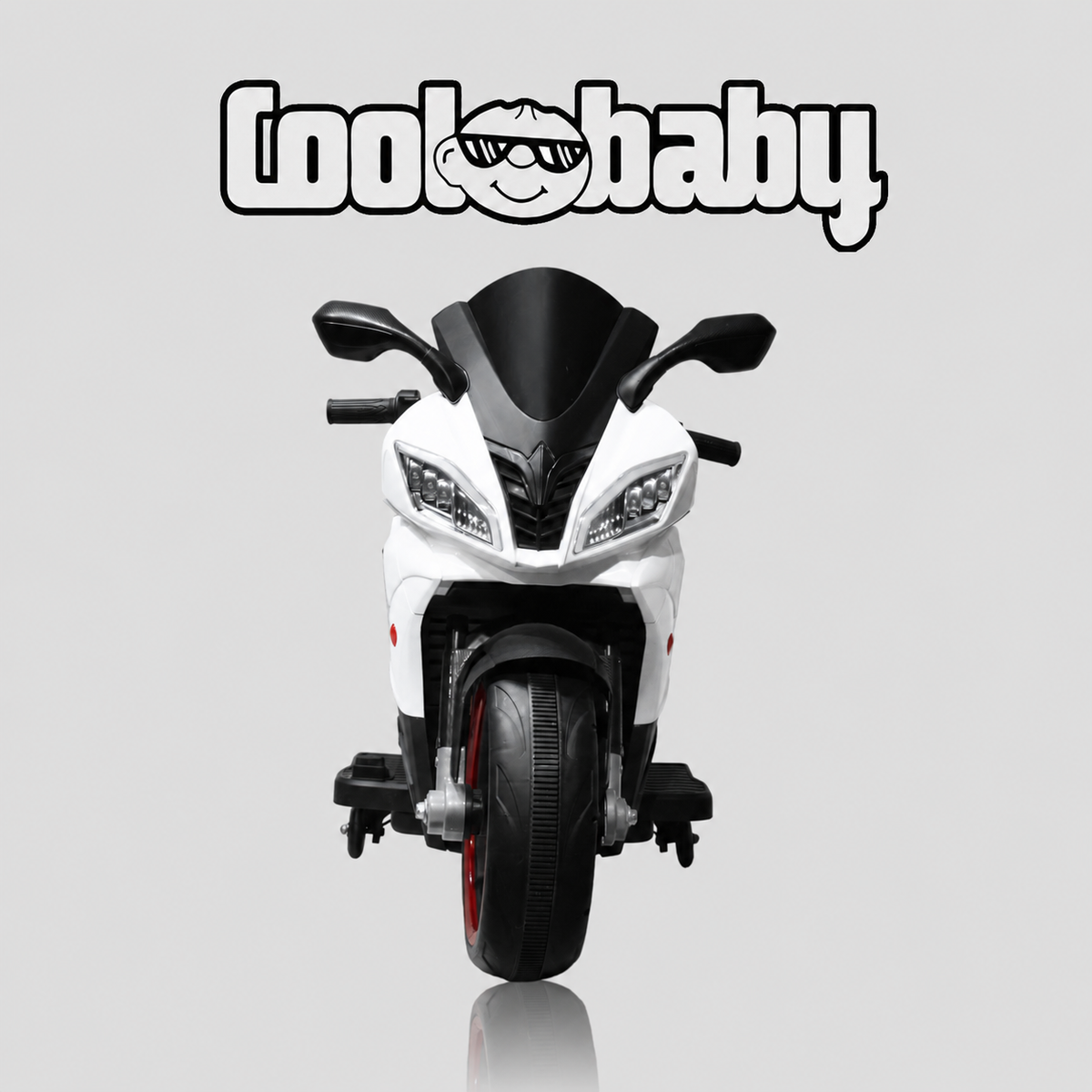 Coolbaby 1199 Sports Bike toy bike in white with black details, designed for kids, featuring a sleek and sporty appearance.