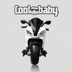 Coolbaby 1199 Sports Bike toy bike in white with black details, designed for kids, featuring a sleek and sporty appearance.