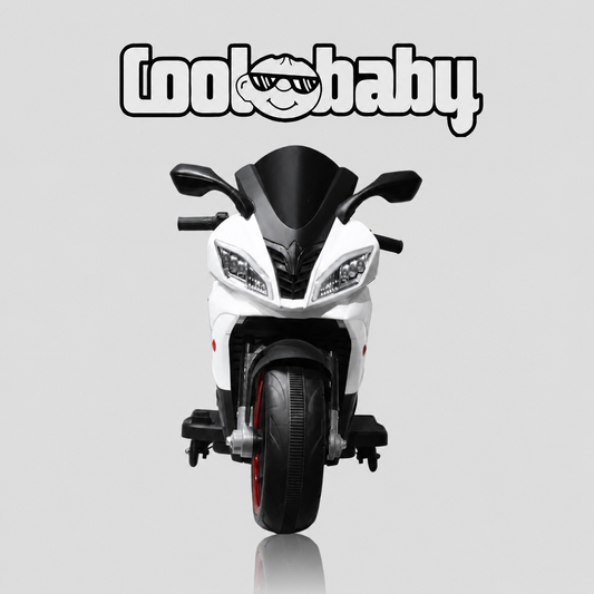 Coolbaby 1199 Sports Bike toy bike in white with black details, designed for kids, featuring a sleek and sporty appearance.