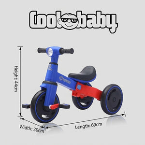 Cute baby riding the CoolBaby.co.in Baby Bike R3 Mini 3-in-1 tricycle with adjustable seat and safety features.