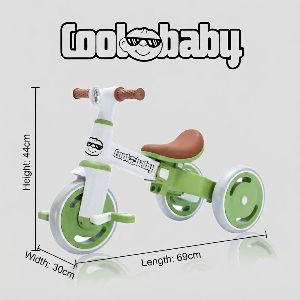 Baby Bike R3 Mini 3-in-1 tricycle by CoolBaby.co.in, showing a colorful toddler tricycle with adjustable seat and safety features.