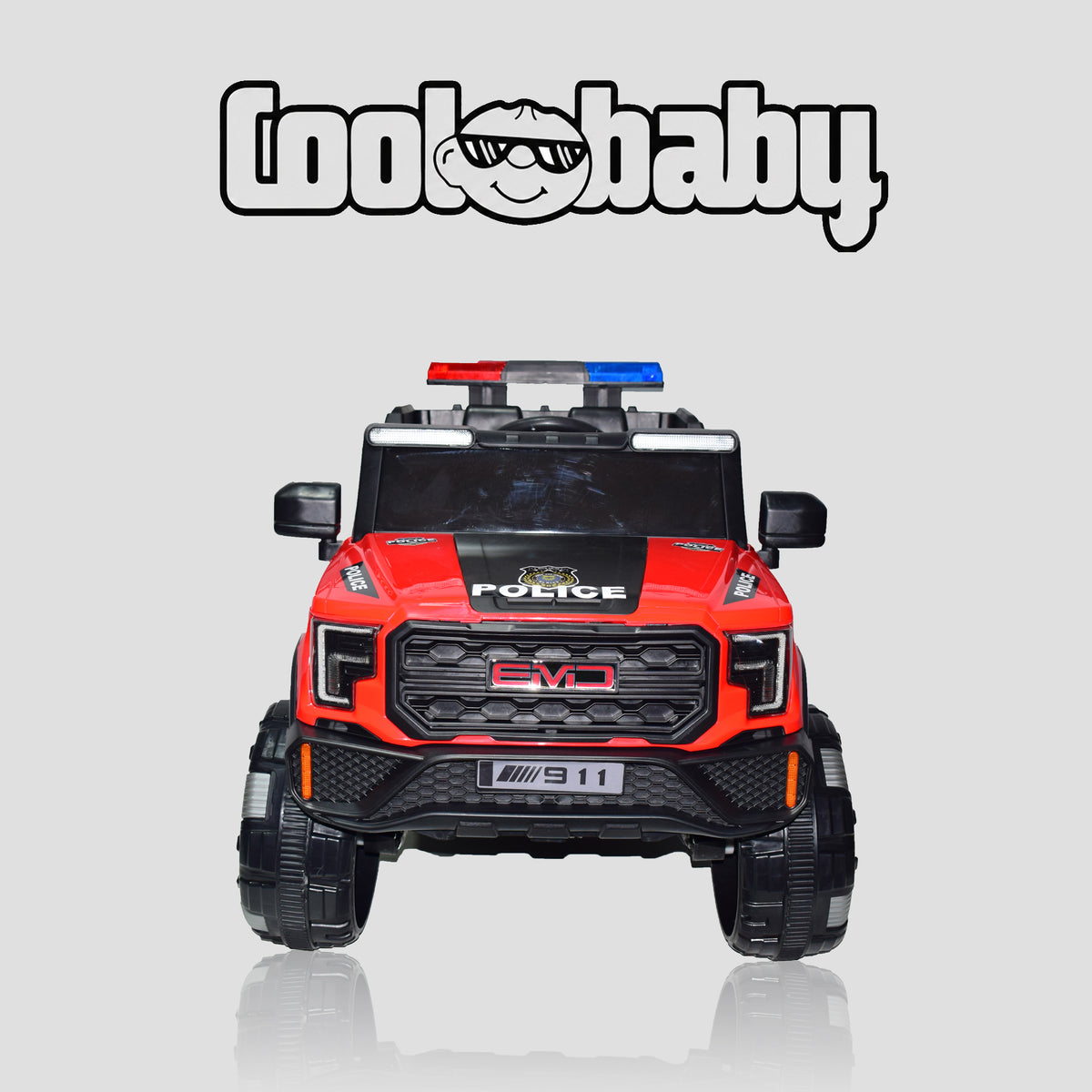 Coolbaby 6177 Police Jeep toy car in red with black wheels, detailed police decals, and a sturdy plastic body.