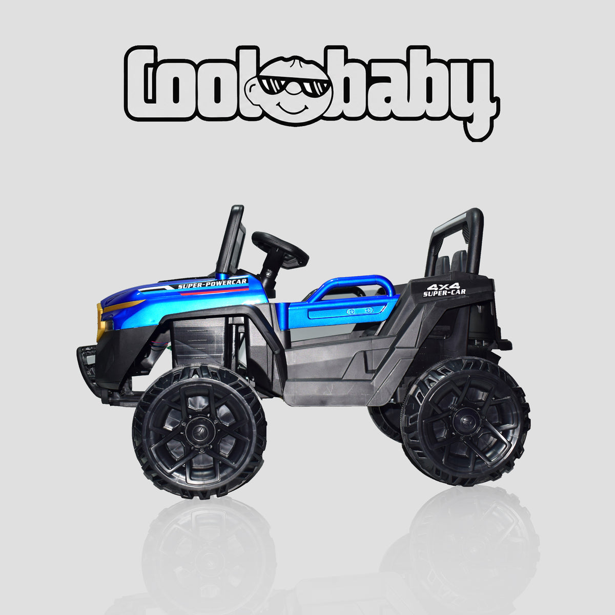Painted CoolBaby Jeep Rover 6677 toy car in blue, designed for kids, featuring realistic details and sturdy construction.