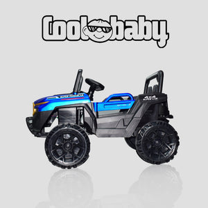 Painted CoolBaby Jeep Rover 6677 toy car in blue, designed for kids, featuring realistic details and sturdy construction.