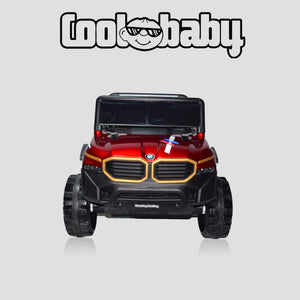 Red CoolBaby Jeep Rover 6677 toy car with painted finish, designed for kids, featuring realistic details and sturdy construction.