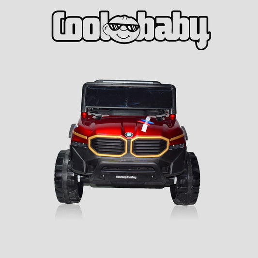 Red CoolBaby Jeep Rover 6677 toy car with painted finish, designed for kids, featuring realistic details and sturdy construction.