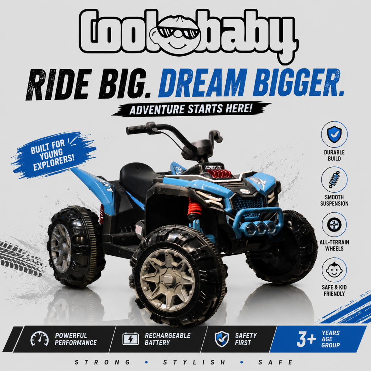 Coolbaby ATV-909 toy bike with sturdy frame and colorful design, suitable for children, displayed on a plain background.
