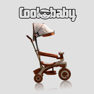 Colorful Coolbaby CB-203 kids toy tricycle with canopy, featuring safety handlebars and sturdy wheels for outdoor play.