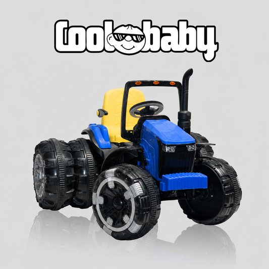 Coolbaby Kids Ride-On Bahubali tractor with trolley, bright yellow toy tractor for children, featuring realistic design and sturdy wheels.