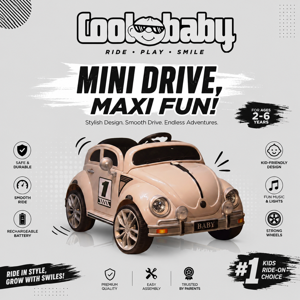 Colorful Coolbaby 3001 Beetle toy car with detailed design, designed for children, featured in the image.