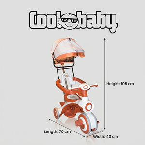 Kids tricycle with canopy by Coolbaby, featuring a sturdy frame, colorful design, and a sun-shielding canopy for outdoor play.