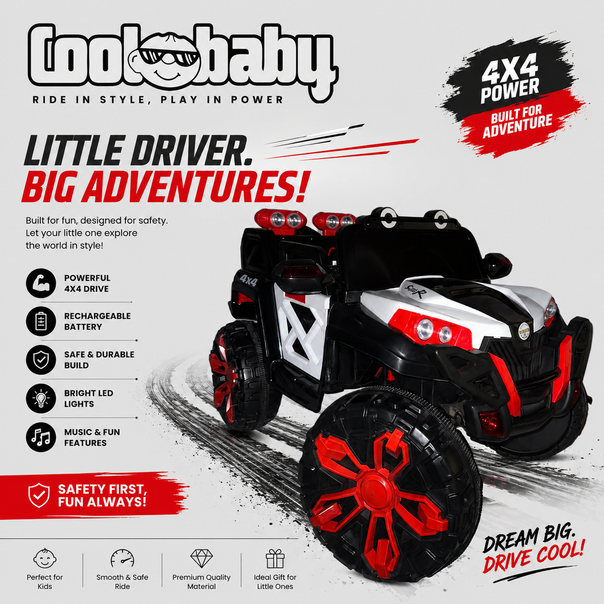 Coolbaby 2188 Jeep toy car, colorful plastic ride-on vehicle for kids, featuring realistic Jeep design and sturdy wheels.