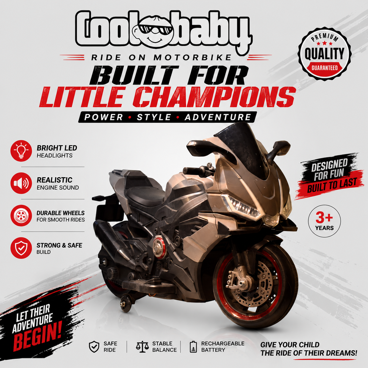 Grey Coolbaby 1199 sports toy bike for kids with sturdy design and realistic features, perfect for outdoor play.