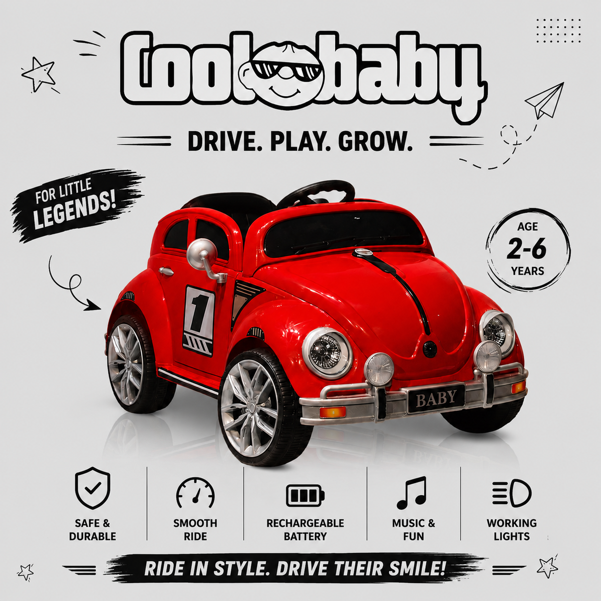 Coolbaby Toys 3001 Beetle Toy Car, colorful plastic miniature vehicle for children, detailed design with vibrant colors.