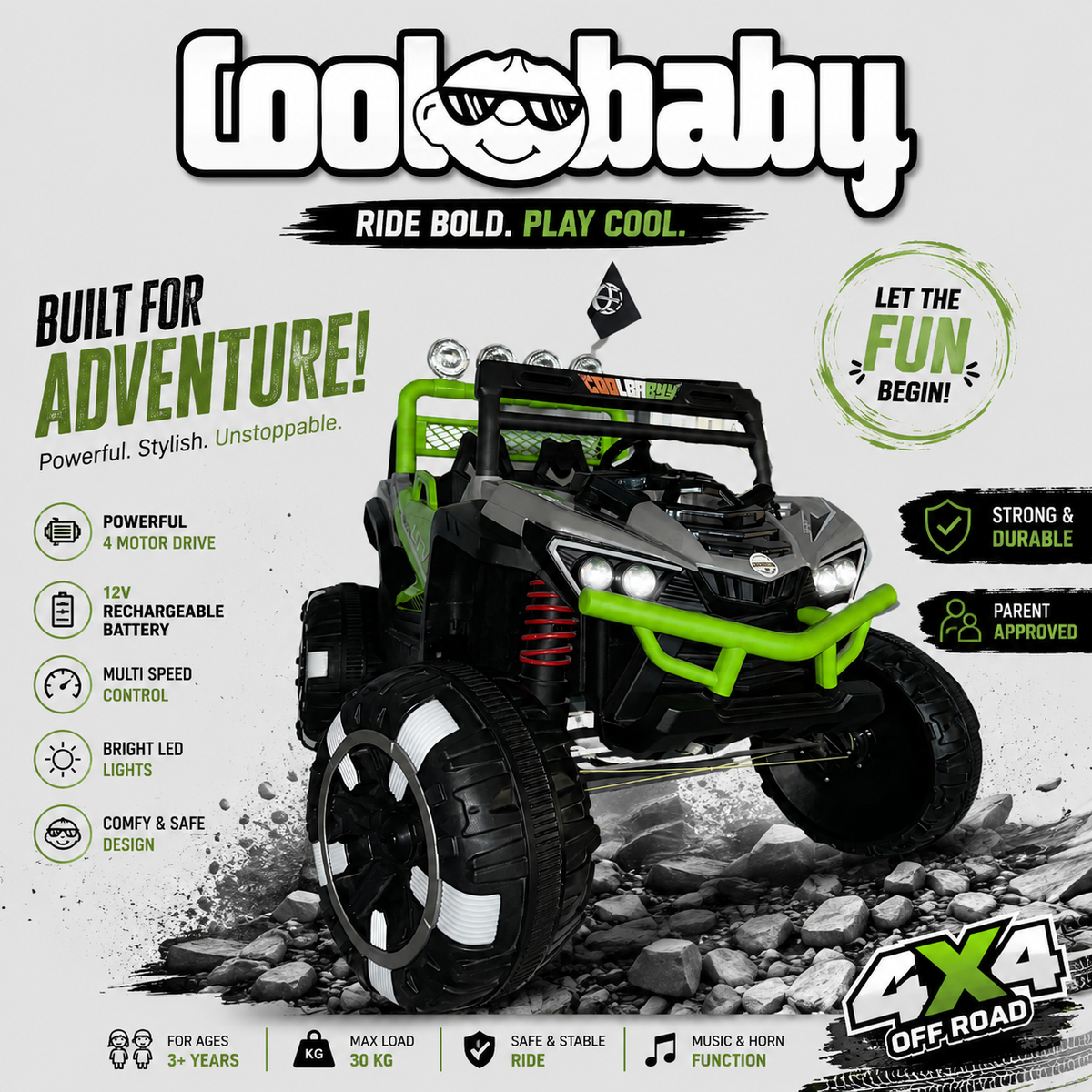 Sad image of a Coolbaby 1009 Jeep toy car by coolbaby.co.in, showing a small blue plastic vehicle for children.