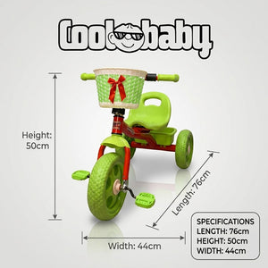 Three-wheel toddler tricycle by CoolBaby with a sturdy frame and colorful design, perfect for young children learning to ride.