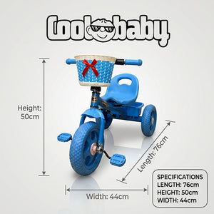 Coolbaby.co.in 3-wheel toddler tricycle with a sturdy frame and colorful design, suitable for young children learning to ride.