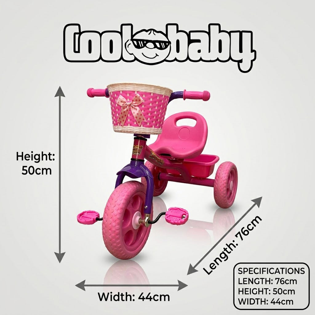 Three-wheel toddler tricycle by CoolBaby, featuring a sturdy frame and colorful design for young children.