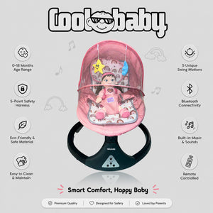Coolbaby premium automatic electric baby swing cradle with soft fabric seat and safety harness for gentle rocking.