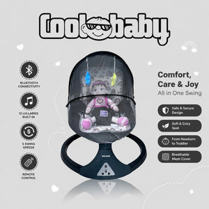 Coolbaby premium automatic electric baby swing cradle with plush fabric and safety harness, designed for soothing infants.