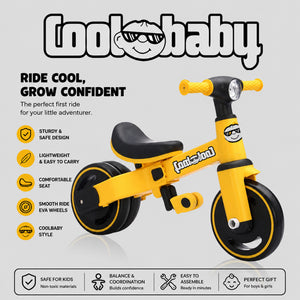 Baby Bike R3 Mini 3-in-1 tricycle by Coolbaby Toys, showing a colorful toddler tricycle with safety features and adjustable seat.