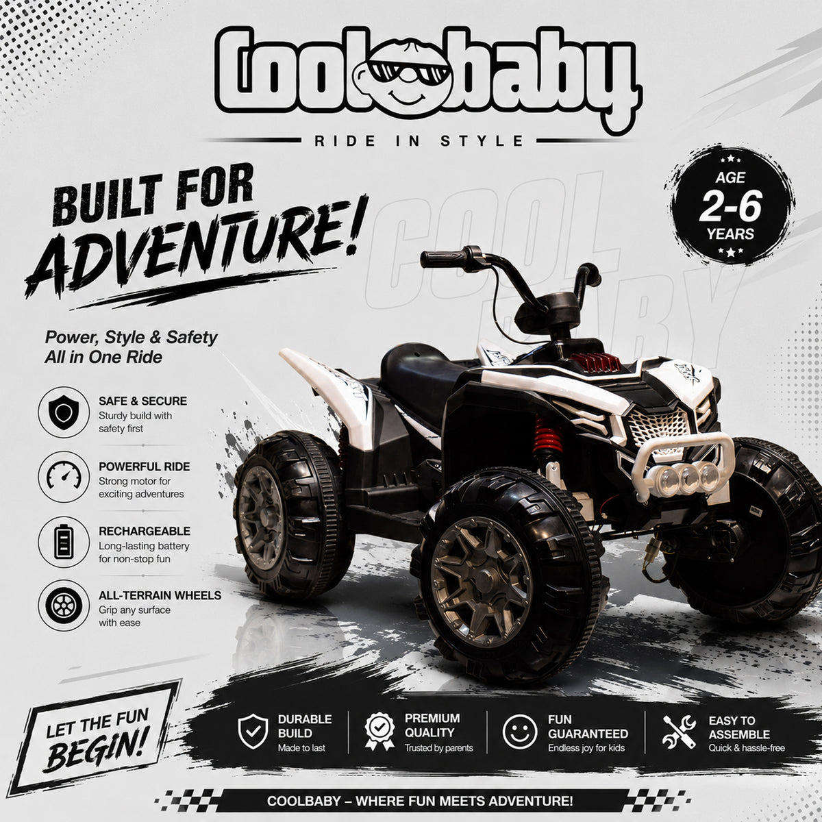 Children's toy bike, coolbaby ATV-909 model, bright colors, plastic construction, designed for kids' outdoor play.