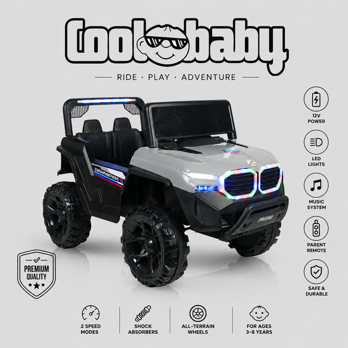 CoolBaby Jeep Rover 6677 toy car in red with black wheels, featuring realistic design and open door, perfect for kids' outdoor play.