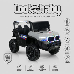 CoolBaby Jeep Rover 6677 toy car in red with black wheels, featuring realistic design and open door, perfect for kids' outdoor play.