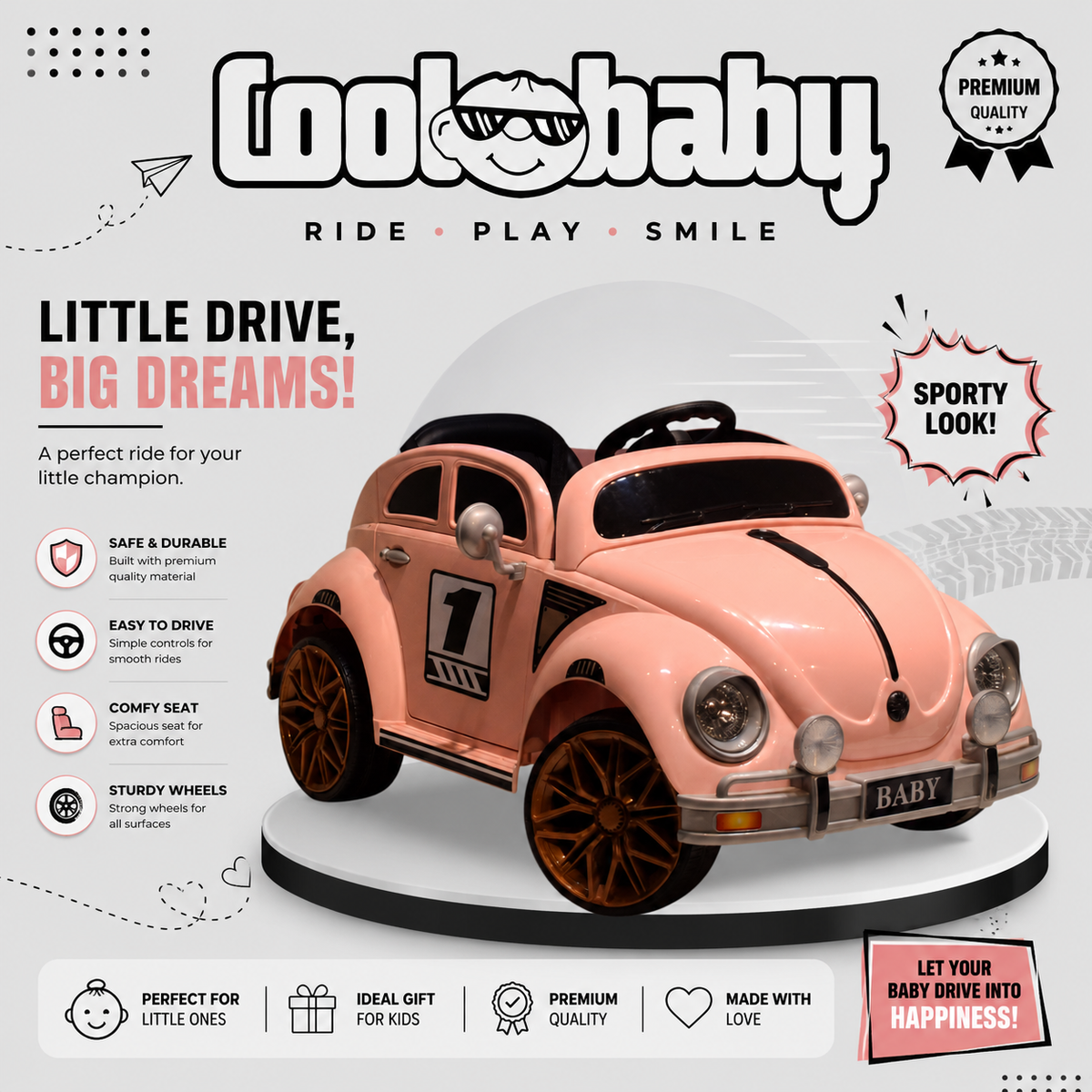 Coolbaby 3001 Beettle Toy Car by coolbaby.co.in, colorful plastic toy vehicle with detailed design for kids' play.