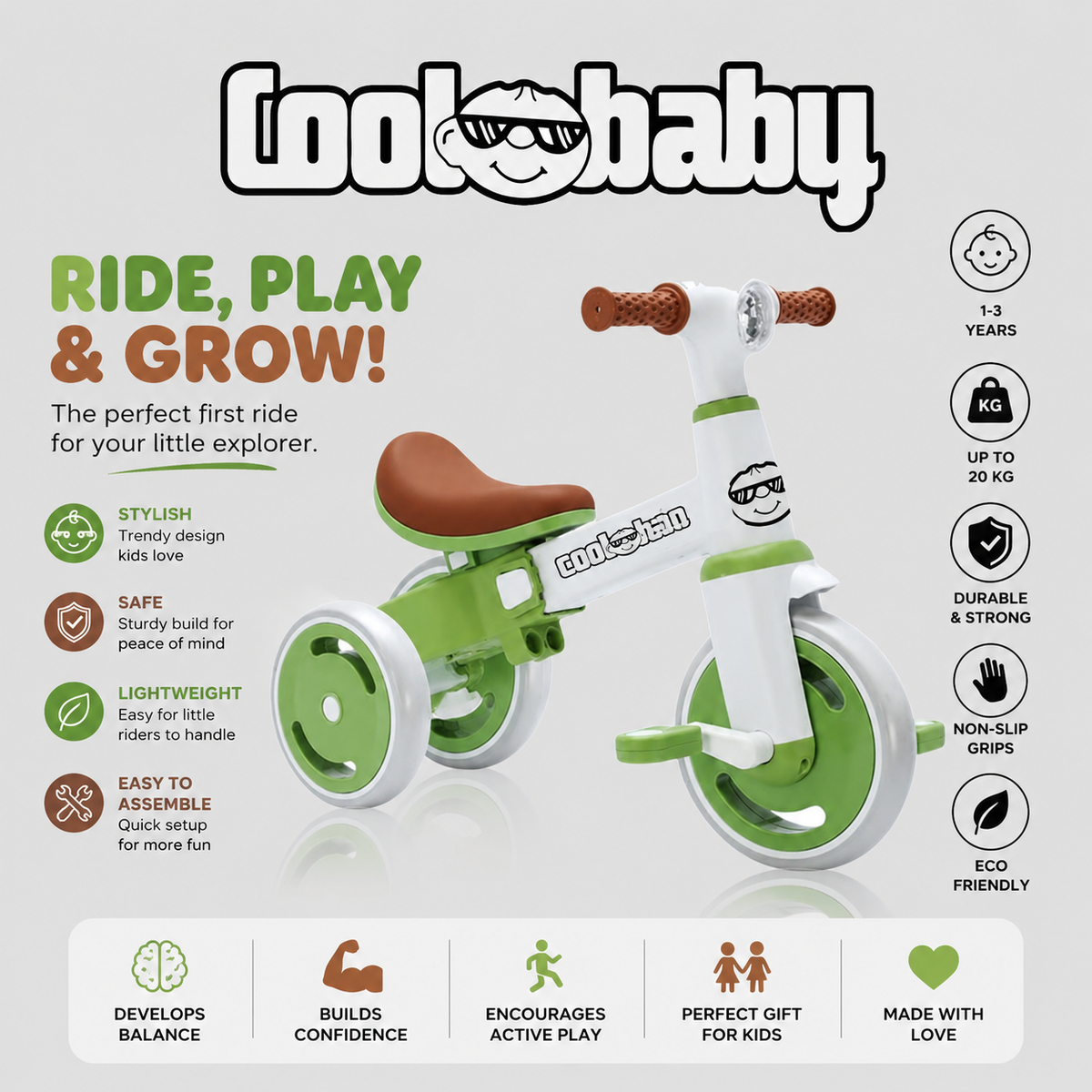 Coolbaby Baby Bike R3 Mini 3-in-1 tricycle toy scooter with colorful design and sturdy build for young children.