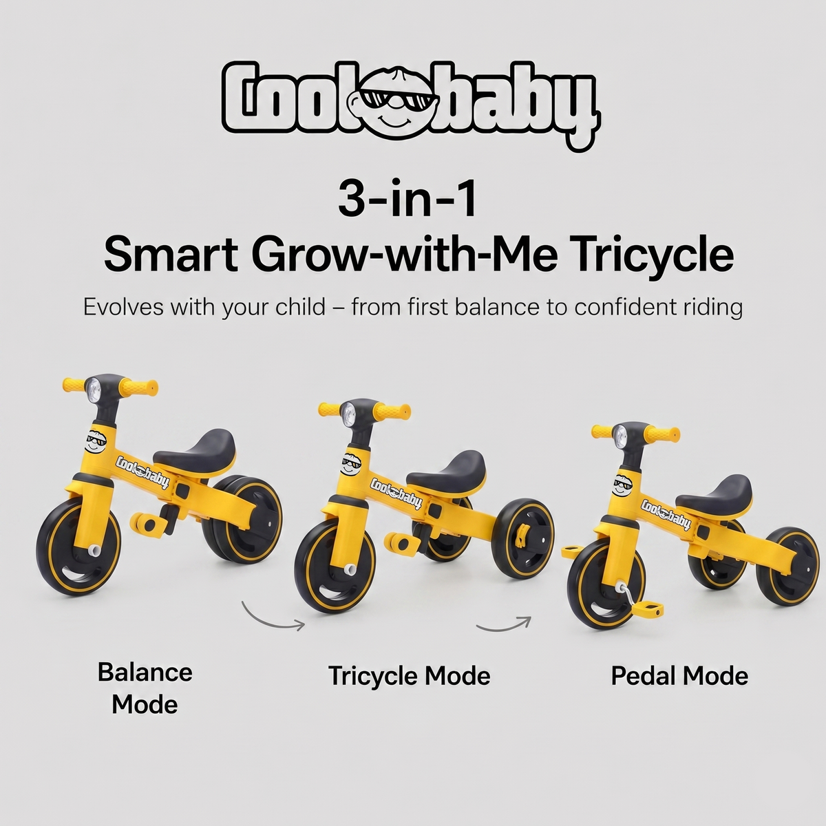 Baby Bike R3 Mini 3-in-1 tricycle by Coolbaby Toys with colorful frame and safety features for young children.