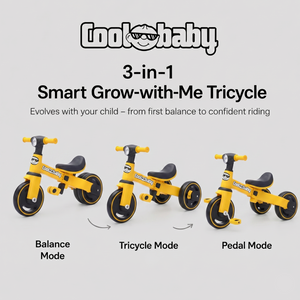Baby Bike R3 Mini 3-in-1 tricycle by Coolbaby Toys with colorful frame and safety features for young children.