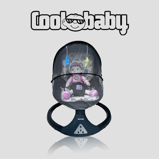 Coolbaby premium automatic electric baby swing cradle with plush doll, showcasing soft fabric and gentle motion for soothing infants.