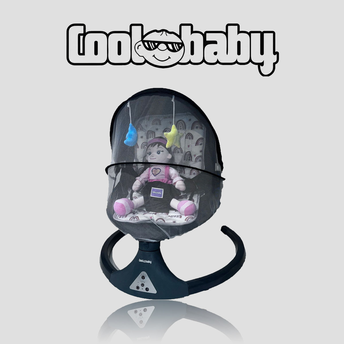 Soft plush doll in a Coolbaby premium automatic electric baby swing cradle with gentle rocking motion.