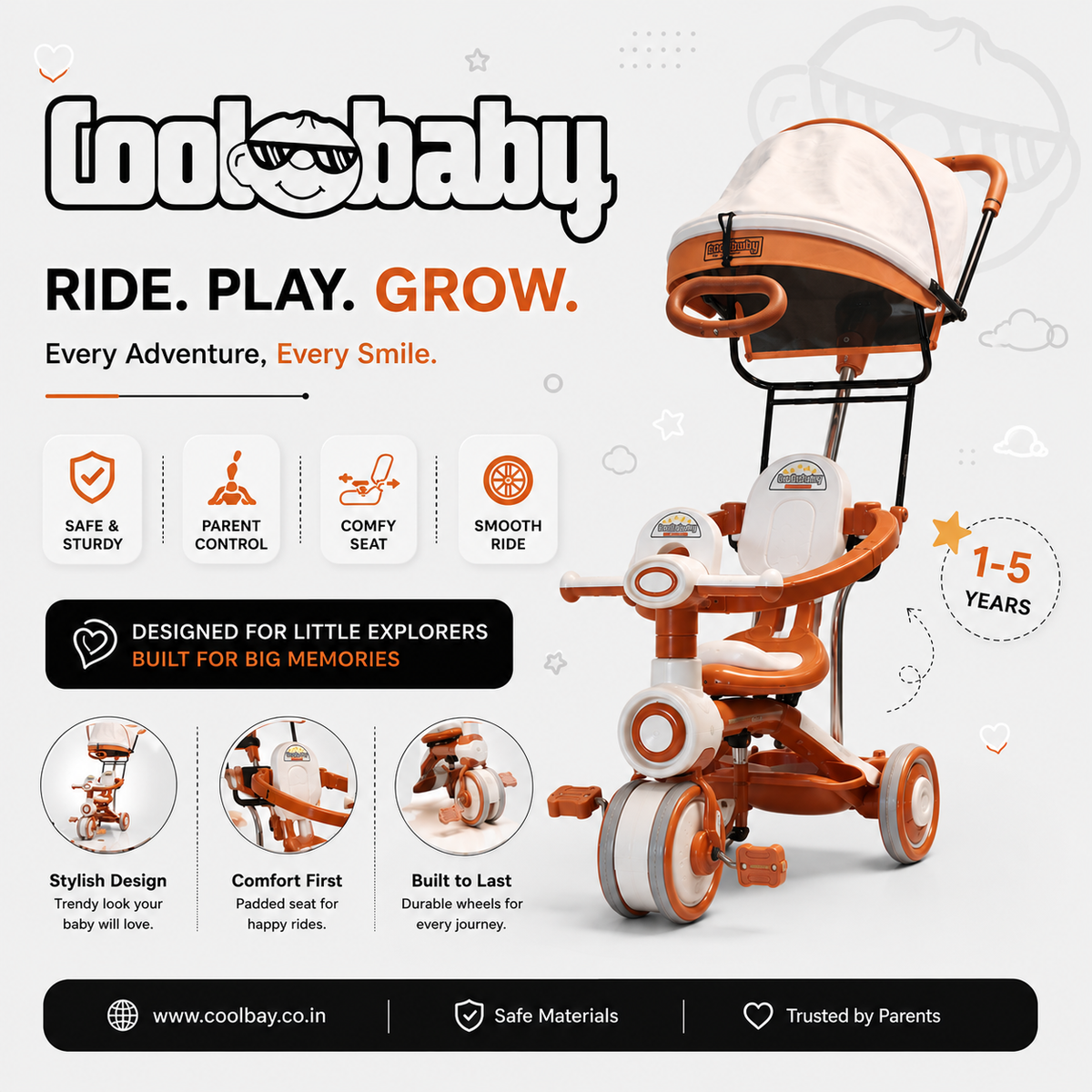 Colorful Coolbaby CB-203 kids toy tricycle with canopy, featuring a sturdy frame and safety handlebars for young children.