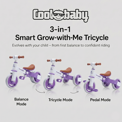 Cute baby bike R3 Mini 3-in-1 tricycle toy scooter by coolbaby.co.in, featuring colorful design and sturdy build for young children.