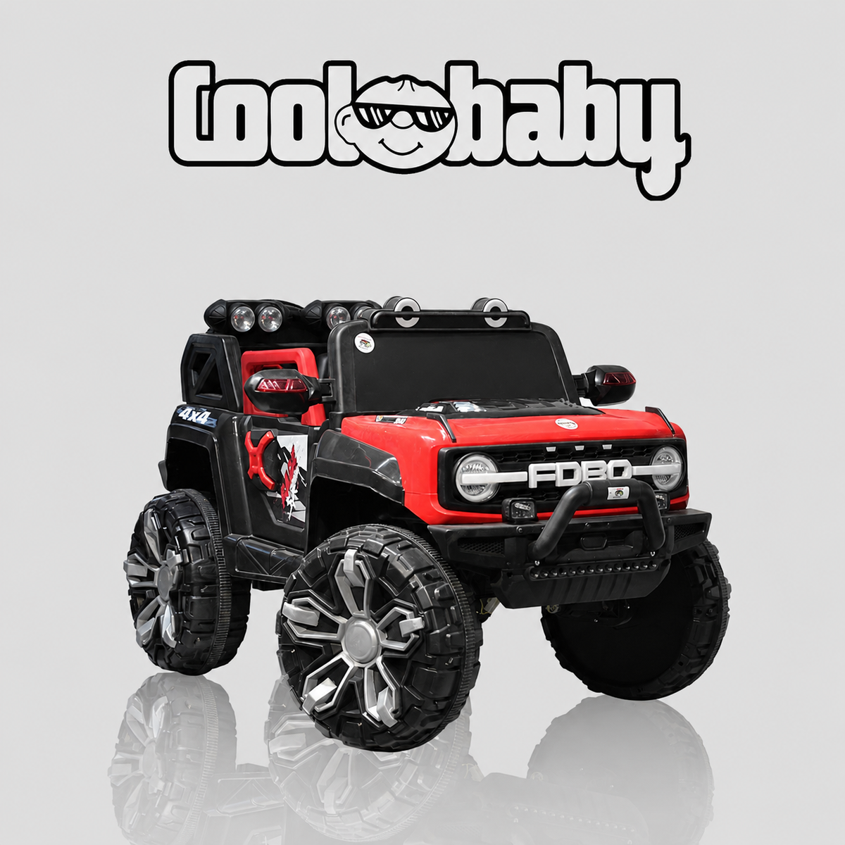 Kids electric ride-on 4x4 SUV toy jeep in red and black by Coolbaby, featuring realistic design and sturdy build for children.