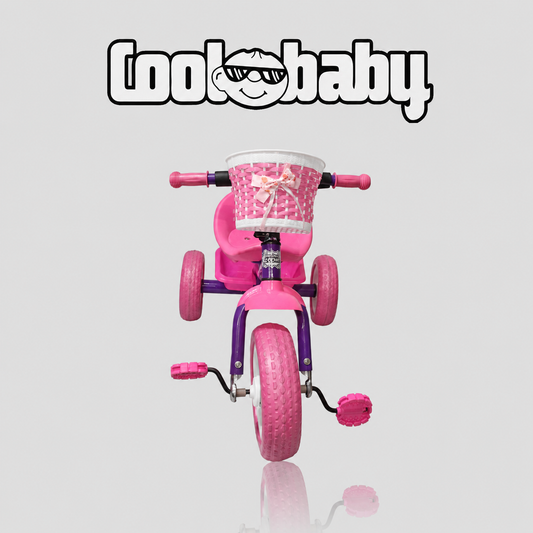 Colorful 3-wheel toddler tricycle by coolbaby.co.in with a sturdy frame and adjustable seat for young kids to ride comfortably.