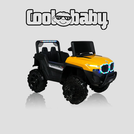 Yellow CoolBaby Jeep Rover 6677 toy car with open doors and realistic details, perfect for kids' outdoor play.