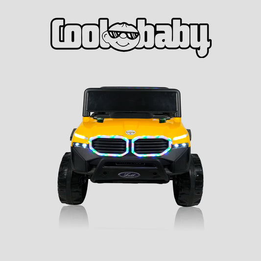 Yellow CoolBaby Jeep Rover 6677 toy car with open roof and realistic design, perfect for kids' outdoor play.