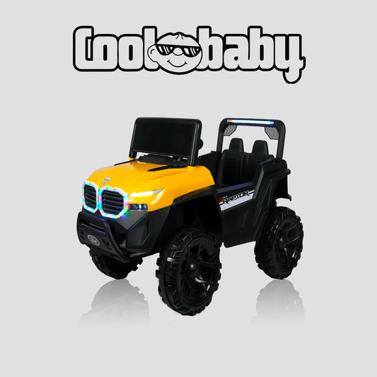 Yellow CoolBaby Jeep Rover 6677 toy car for kids, featuring realistic design and sturdy construction.